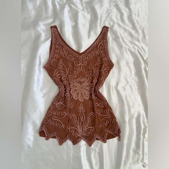 unknown Tops - Vintage 2000s Rust Silk Embroidered Tank Top